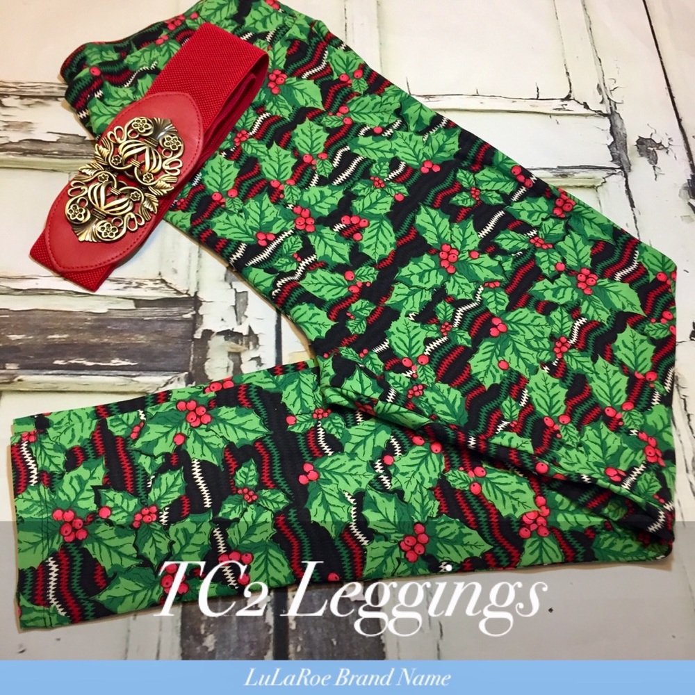 Lularoe TC2 Leggings Holiday Chevron Poinsettias